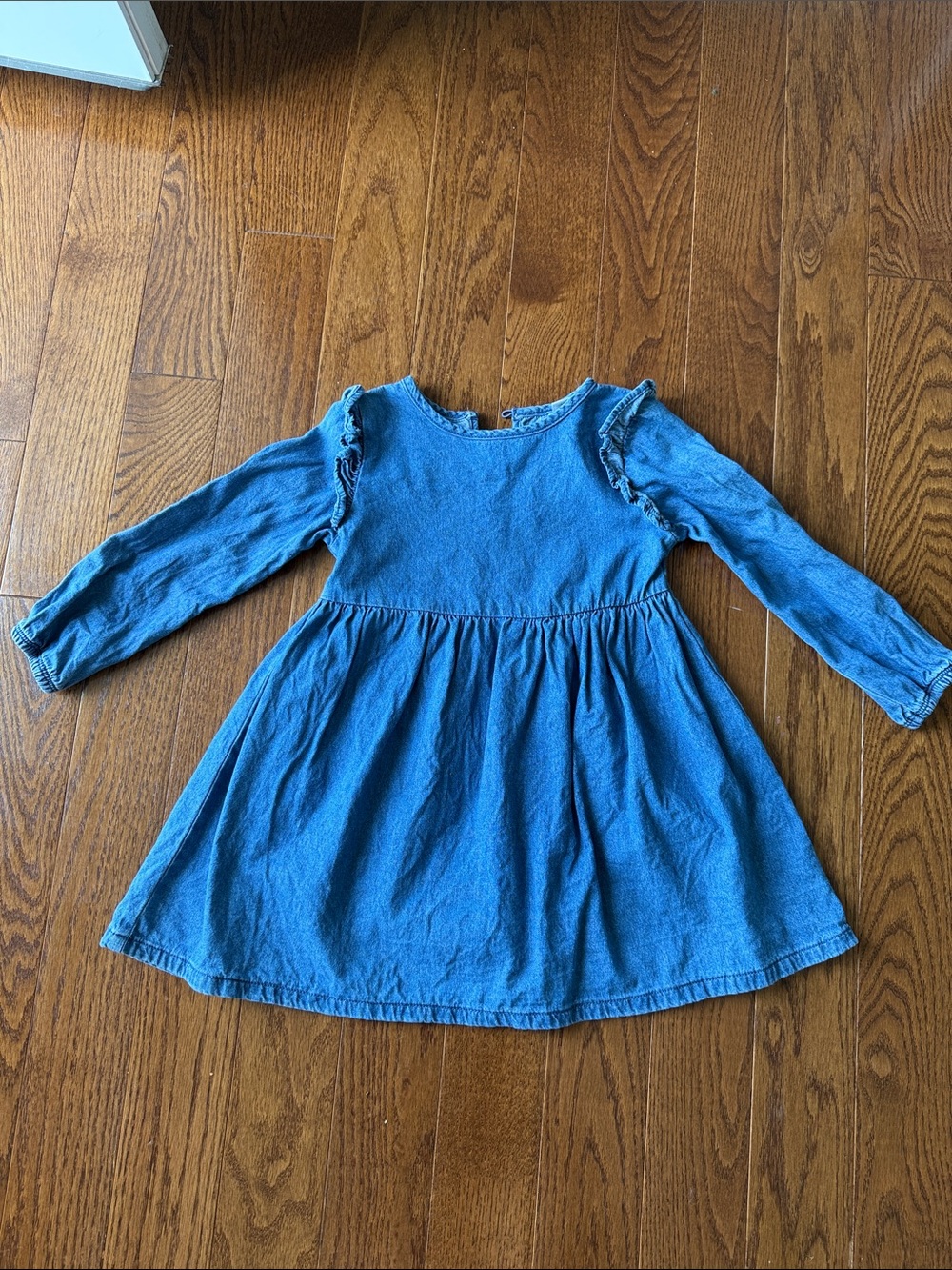 Toddler Long-Sleeve Denim Dress with Ruffle Shoulders - Blue